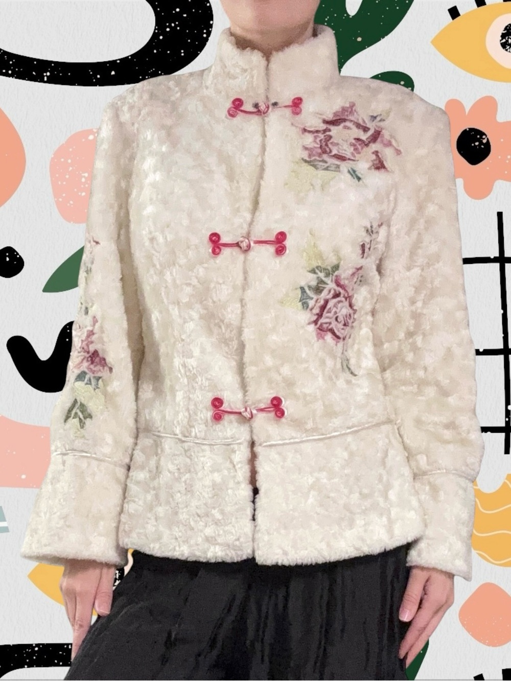 Ivory Faux Fur Jacket with Floral Embroidery and Knot Button Toggle Closures
